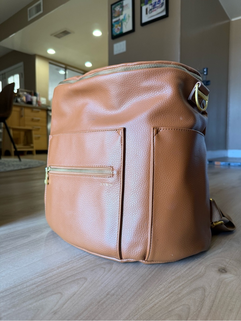 Fawn Design Tan Faux Leather Baby Bag Backpack with Gold Hardware